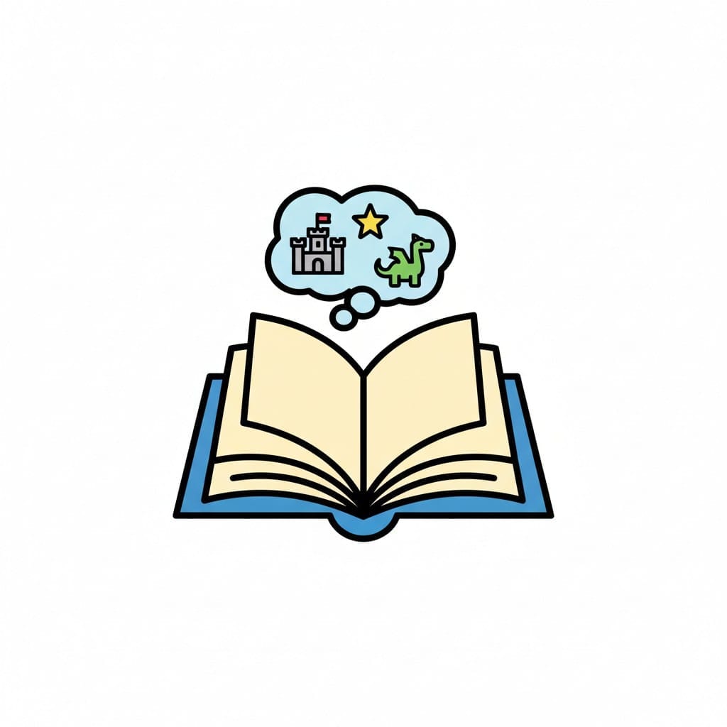 An open book with a thought bubble above it showing a castle, a star, and a dinosaur, symbolizing reading a story and imagination.