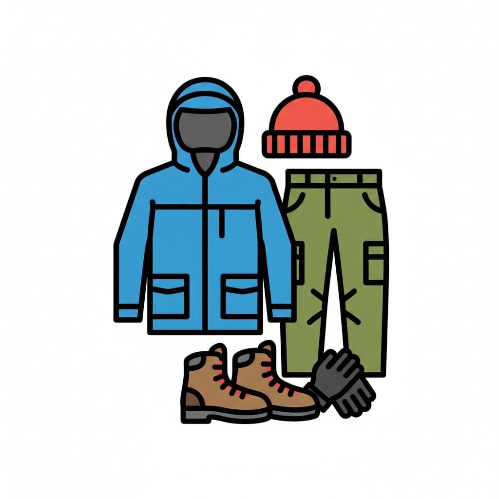 Een uitstalling van buitenkleding met een blauwe jas met capuchon, een groene broek, een rode muts met pompon, wandelschoenen en een paar grijze handschoenen.
