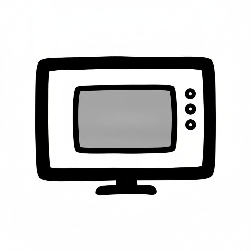 Een televisie getekend met dikke zwarte lijnen heeft een grijs scherm, drie ronde knoppen en een klein voetje.