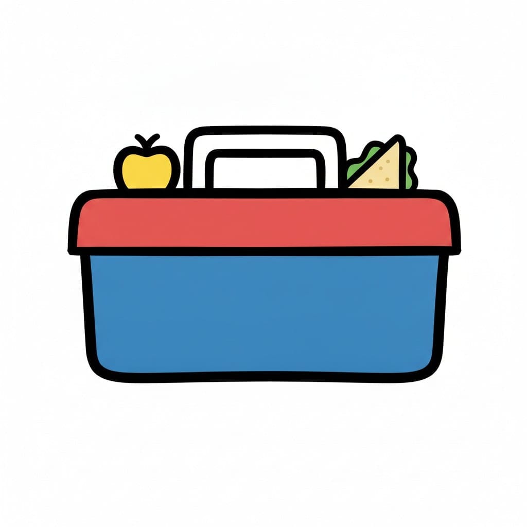 A yellow apple and a sandwich stick up out of a blue lunchbox with a red lid and a carrying handle.