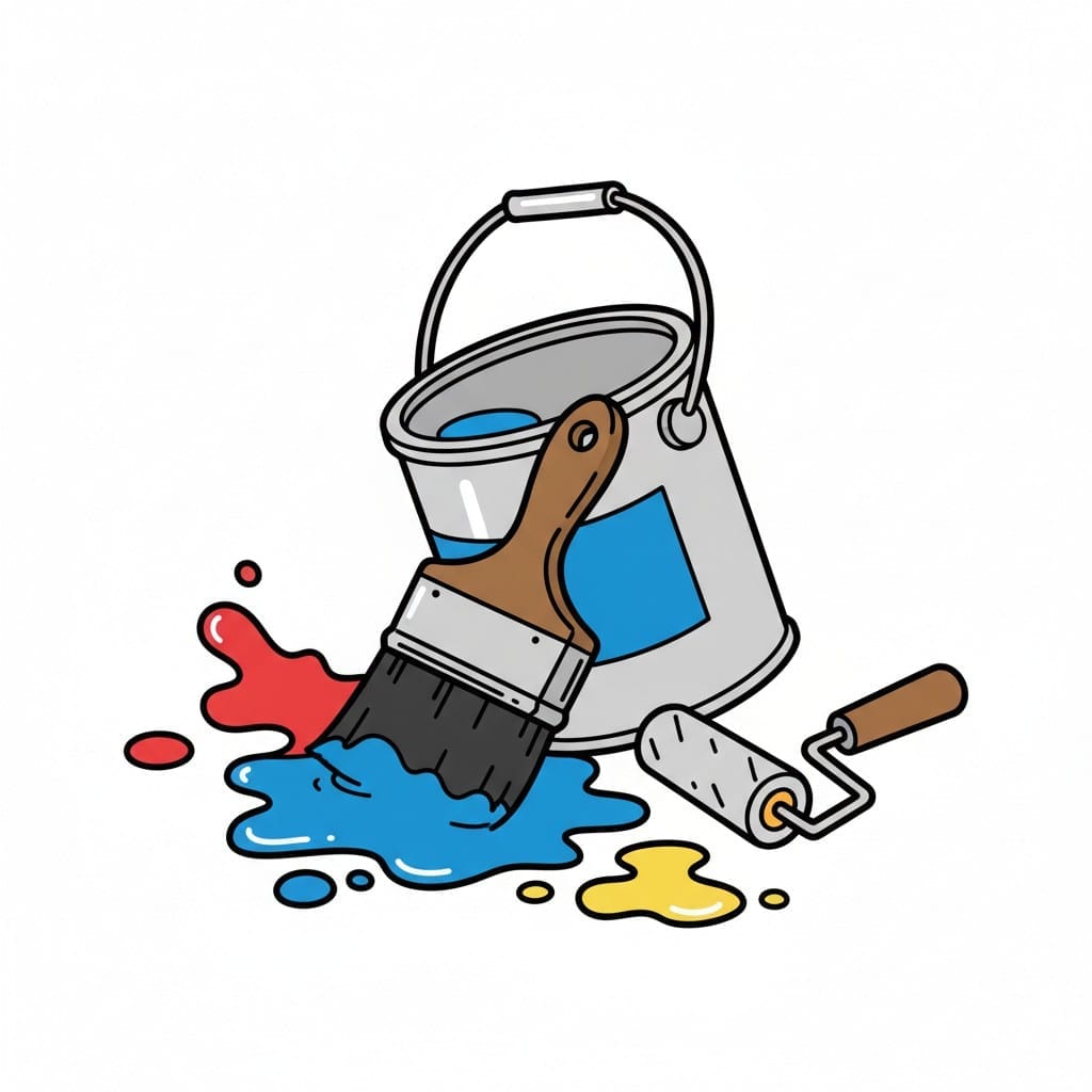Een verfblik, een kwast met blauwe verf, een verfroller en spatten rode, blauwe en gele verf.