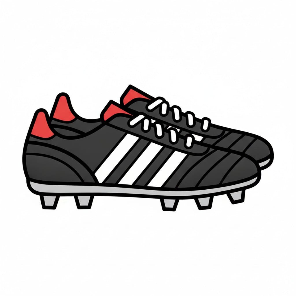 Een paar zwarte voetbalschoenen met witte strepen, witte veters, een rode hiel en noppen onder de zool.