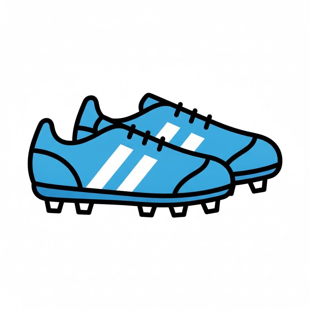 Twee blauwe voetbalschoenen met witte strepen en noppen onder de zolen.