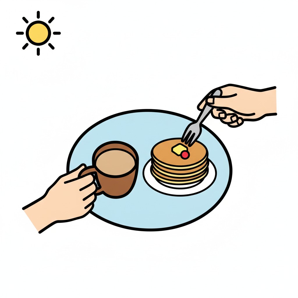 Twee handen met een koffiekop en een vork bij een bord pannenkoeken, met de zon erboven.