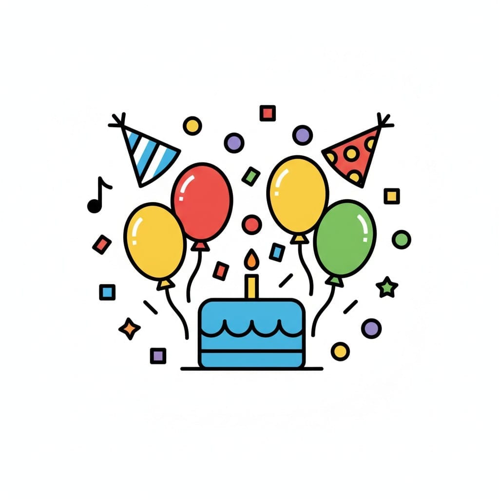 Balloons, confetti, party hats and a cake with a lit candle.