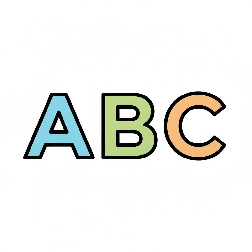 The letters A, B and C side by side in light blue, light green and orange.