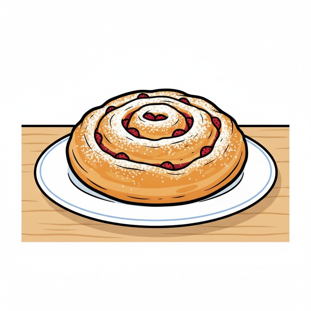 A large round swirled pastry with red filling and icing sugar on a white plate.