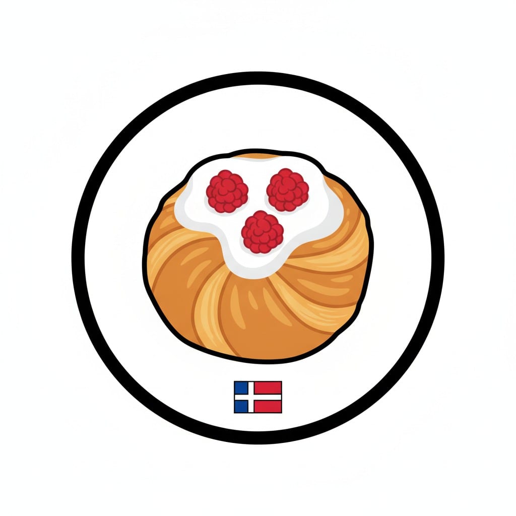 A round pastry with white icing and three red berries on a white plate, with a small Danish flag below.
