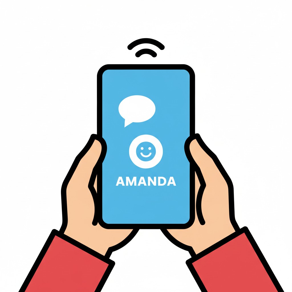 Twee handen houden een telefoon vast met een naam in de contacten en een tekstballon.