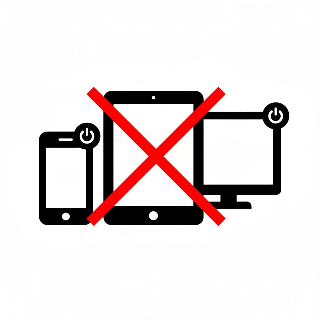 Een telefoon, een tablet en een beeldscherm met een rood kruis erover, wat aangeeft dat de schermen uit moeten.