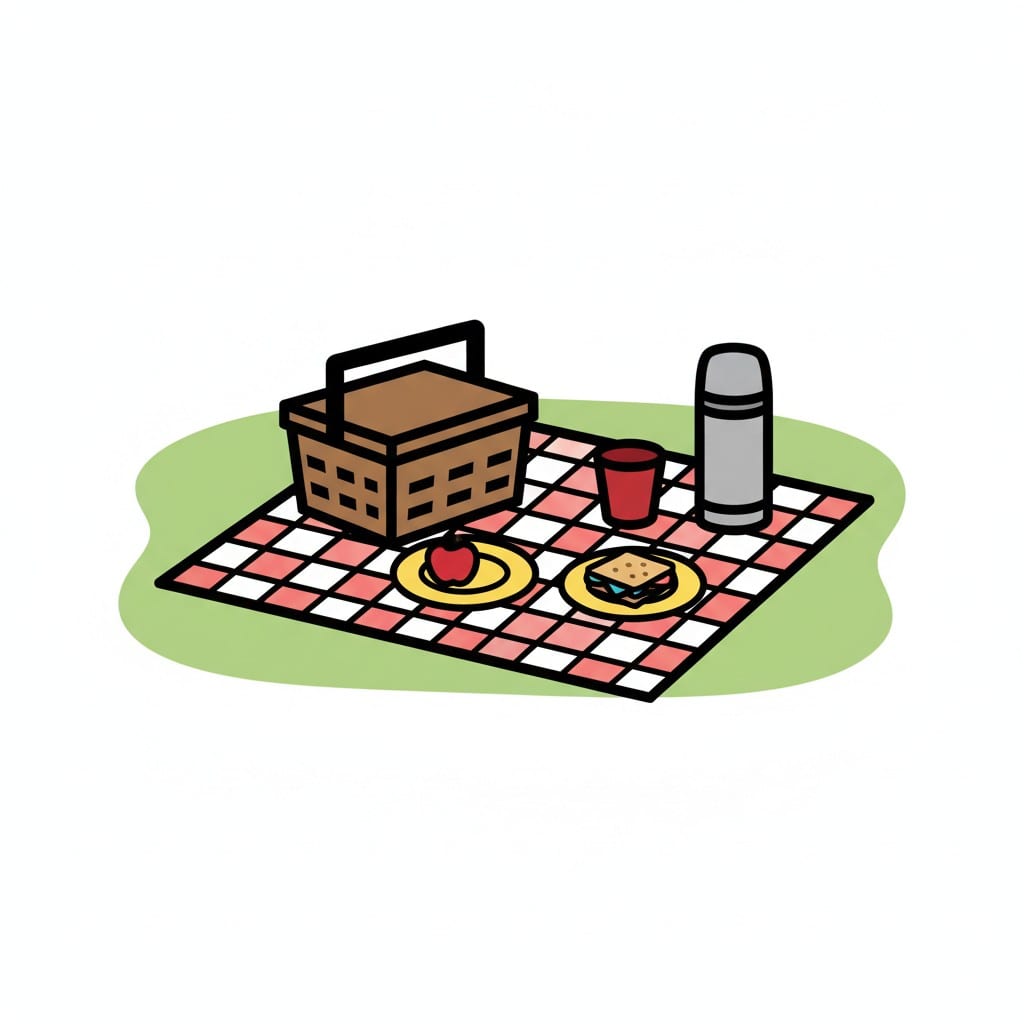 Een rood-wit geruit picknickkleed op het gras met een bruine rieten mand, een zilveren thermoskan, een rode beker, een rode appel en een boterham op gele borden.