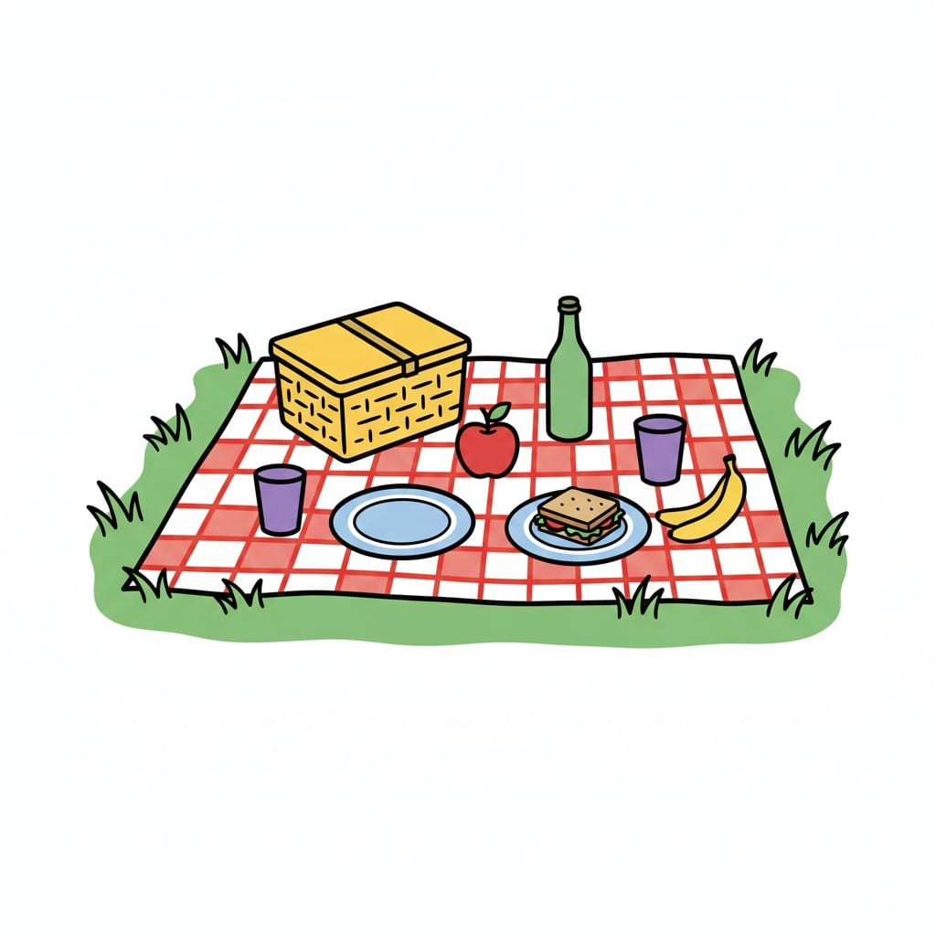 Een rood-wit geruit picknickkleed op het gras met een gele rieten mand, een glazen fles, een rode appel, een banaan, een boterham op een bord en twee paarse bekers.