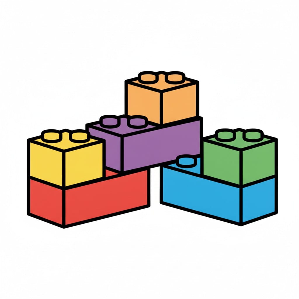 Een stapel bouwsteentjes in geel, rood, paars, oranje, groen en blauw.