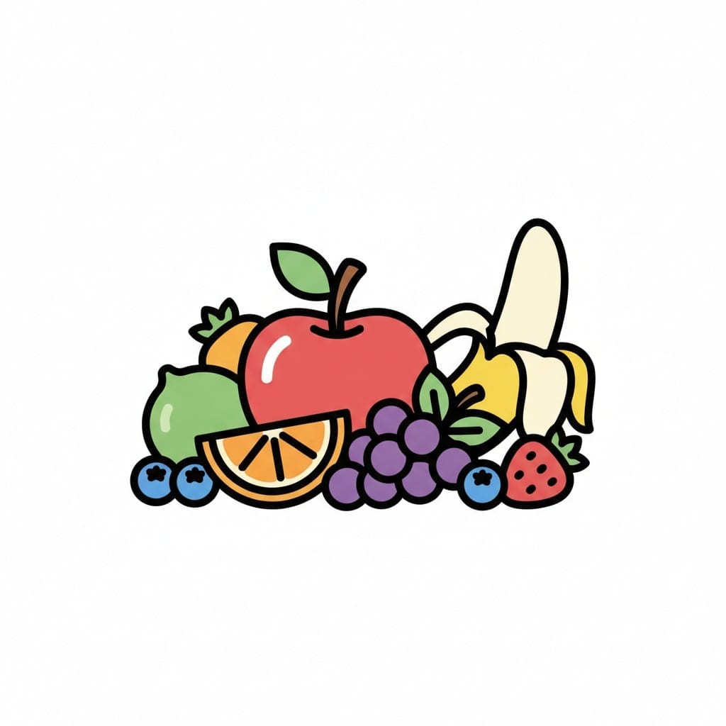 Een hoop fruit en bessen: een appel, een banaan, een partje sinaasappel, druiven, een peer, een limoen, een aardbei en blauwe bessen.