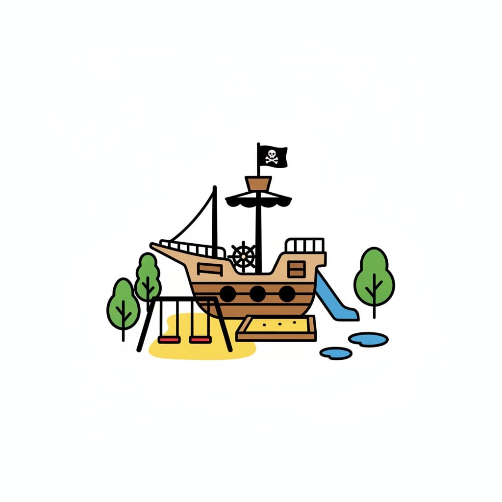 Een speeltuin in de vorm van een piratenschip met een glijbaan, schommels en een zandbak, omringd door bomen.