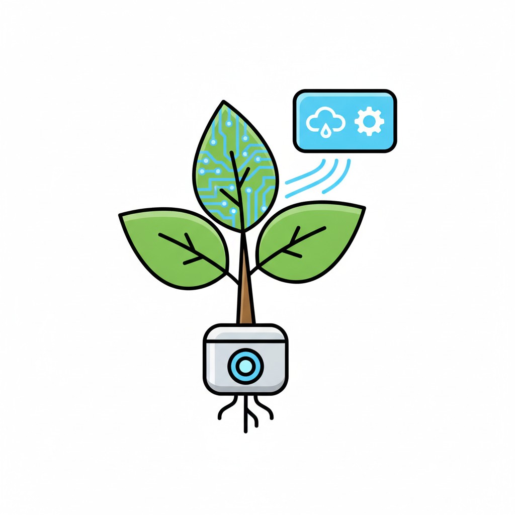 A plant in a pot with a sensor, connected to a symbol showing a cloud and a gear.