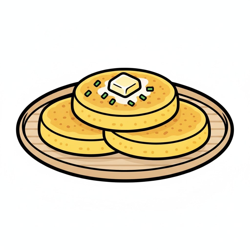 A round wooden plate with four yellow corn cakes, the top one with a pat of butter and green sprinkles.