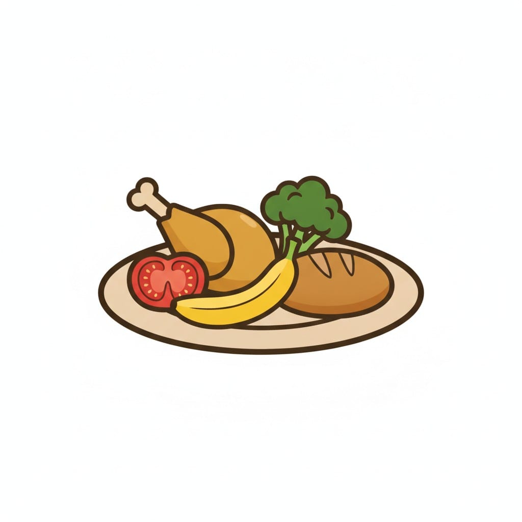 Een bord met een kippenpoot, een schijfje tomaat, een banaan, broccoli en een broodje.