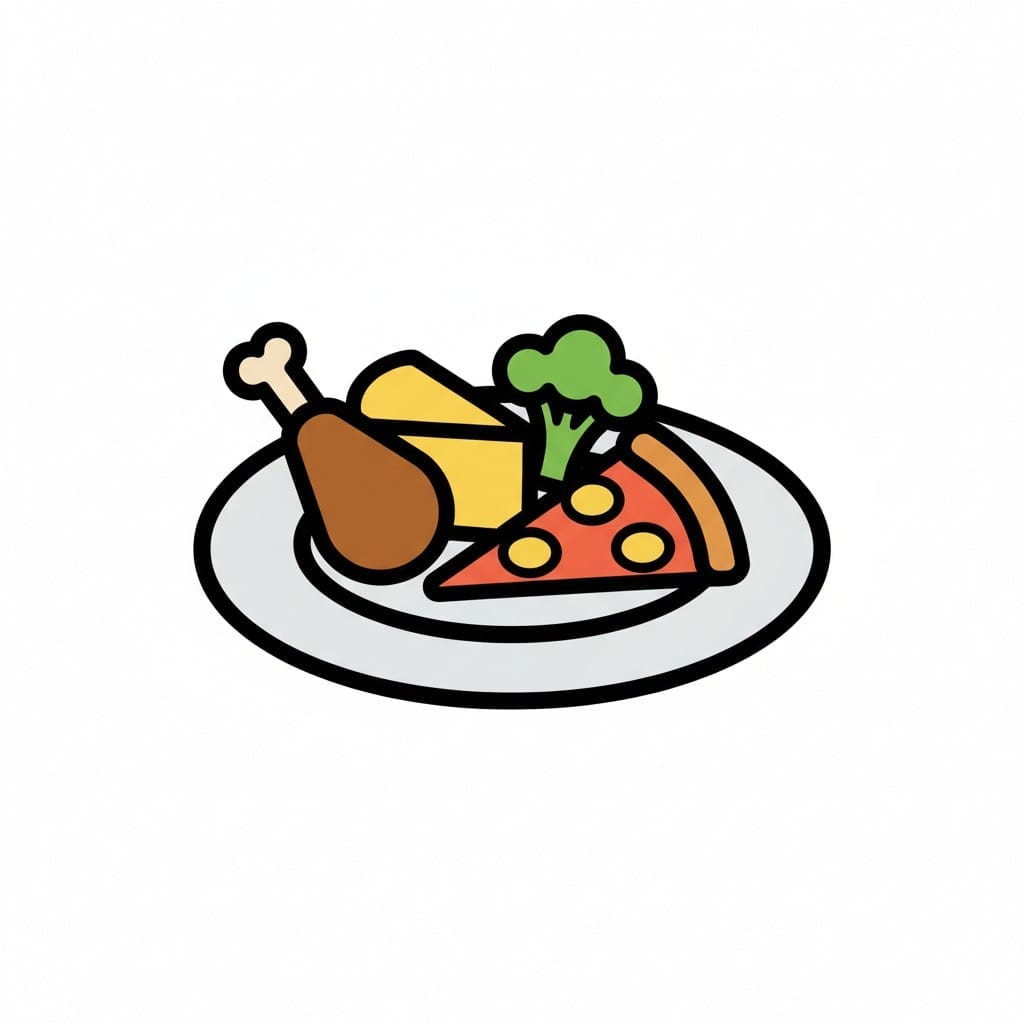 Een bord met een kippenpoot, een stuk kaas, een punt pizza en broccoli.