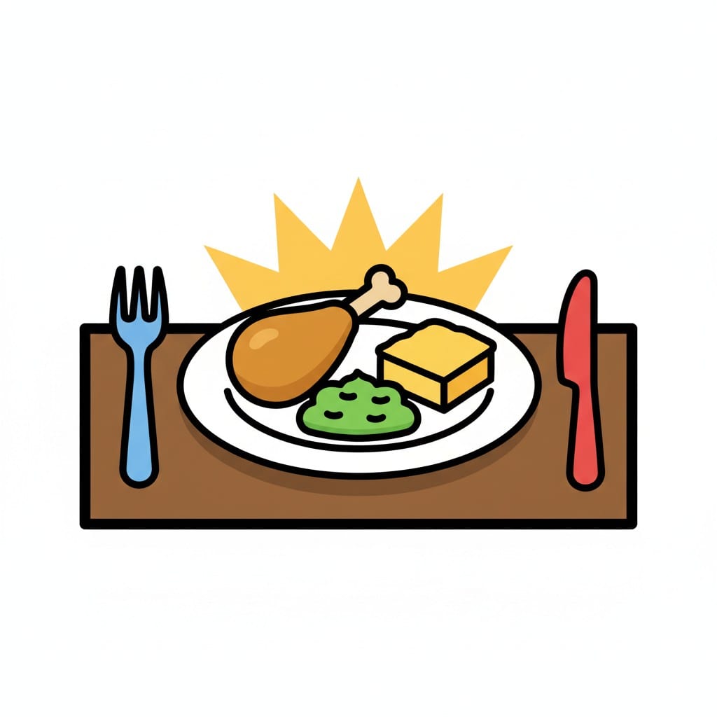 Een bord met een kippenpootje, groene puree en een geel stuk maïsbrood staat op een bruine placemat tussen een blauwe vork en een rood mes.