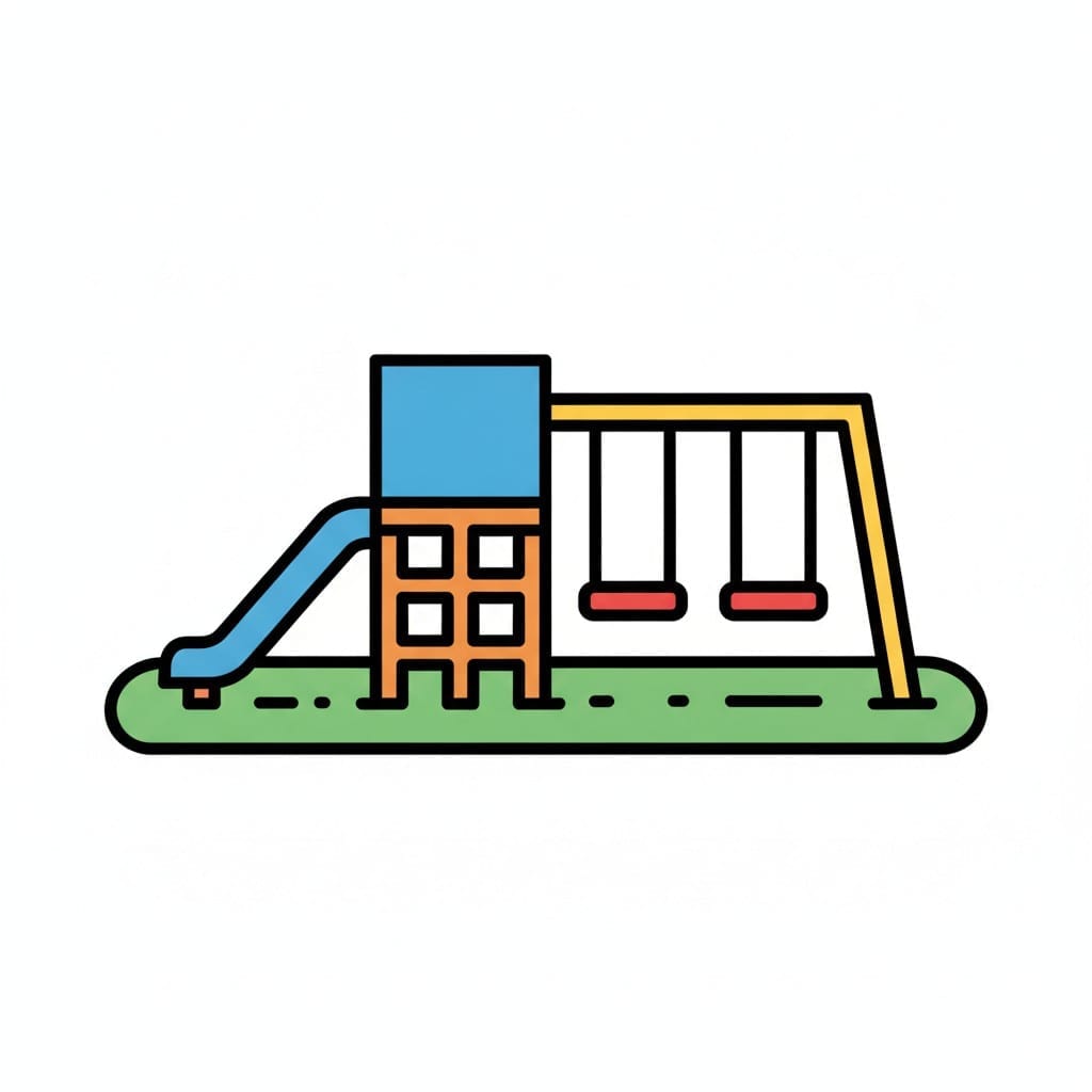 Een speeltuin met een blauwe glijbaan en twee schommels op groen gras.