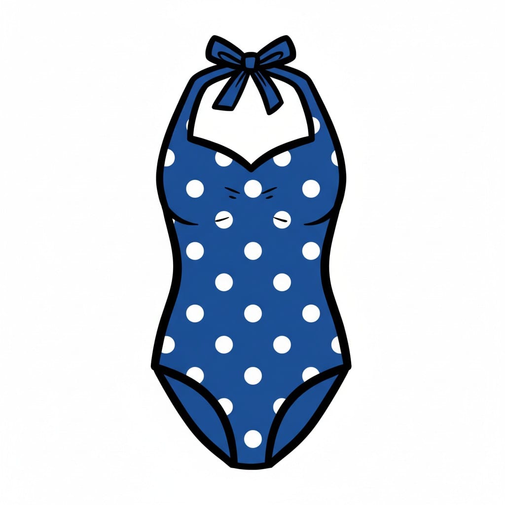 Sininen valkopilkullinen uimapuku, jossa on niskanauha.