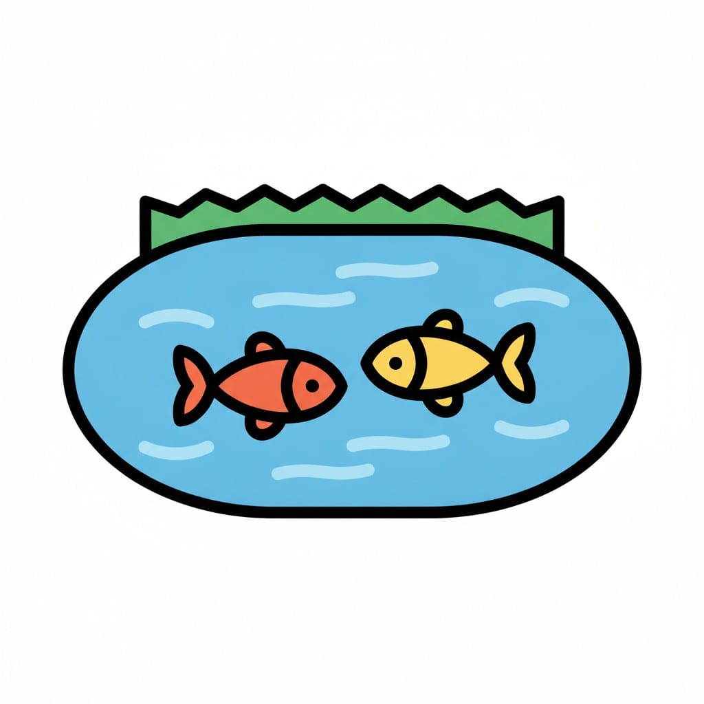 A pond with grass around the edge where two fish swim, one red and one yellow.