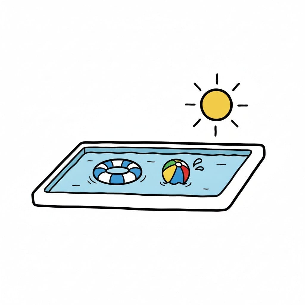 Een zwembad met een zwemband en een kleurige strandbal in het water onder een felle zon.