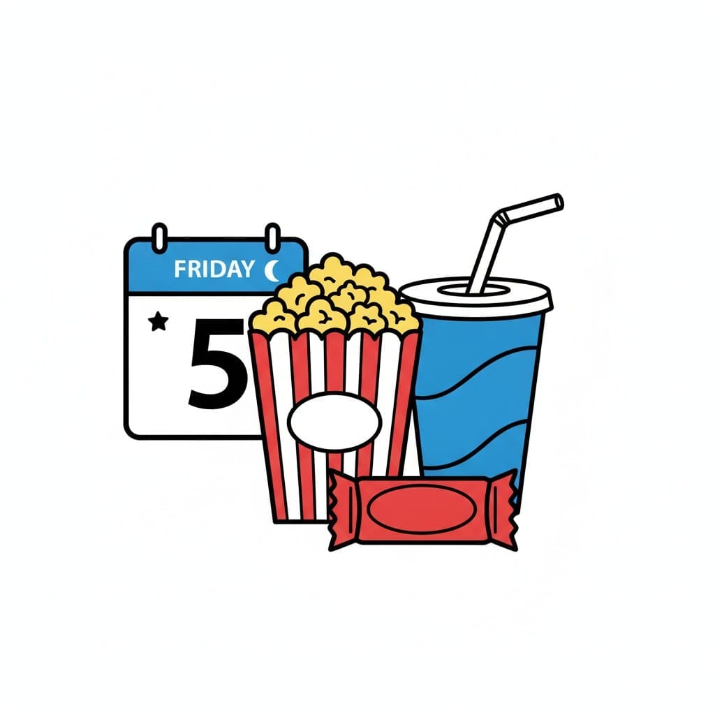 Popcorn, een frisdrank met een rietje en snoep naast een kalender die vrijdag aangeeft.