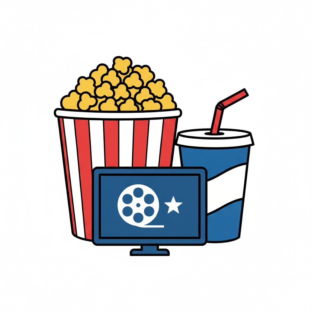 En randig popcornbägare, en blå läskmugg med sugrör och en skärm med en filmrulle och en stjärna.