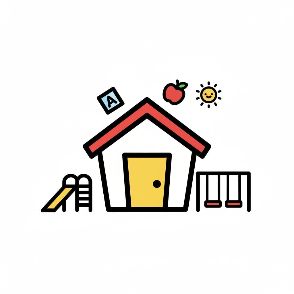 Een pictogram van een peuterschoolgebouw met een speeltuin, een appel, een zon en een alfabetblok, als symbool voor onderwijs aan jonge kinderen.