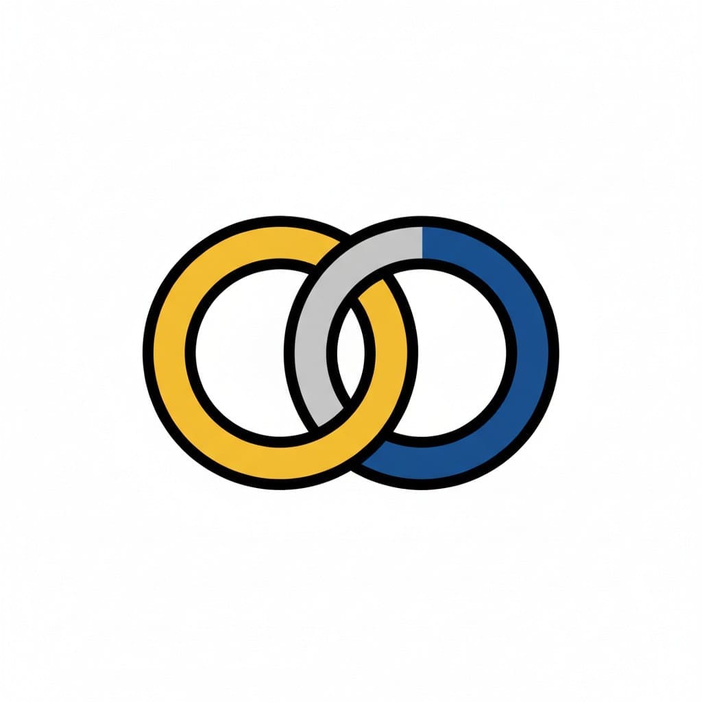 Een tekening van twee in elkaar grijpende ringen in geel en blauw, waarbij een deel van de blauwe ring grijs is ingevuld om de voortgang te laten zien.