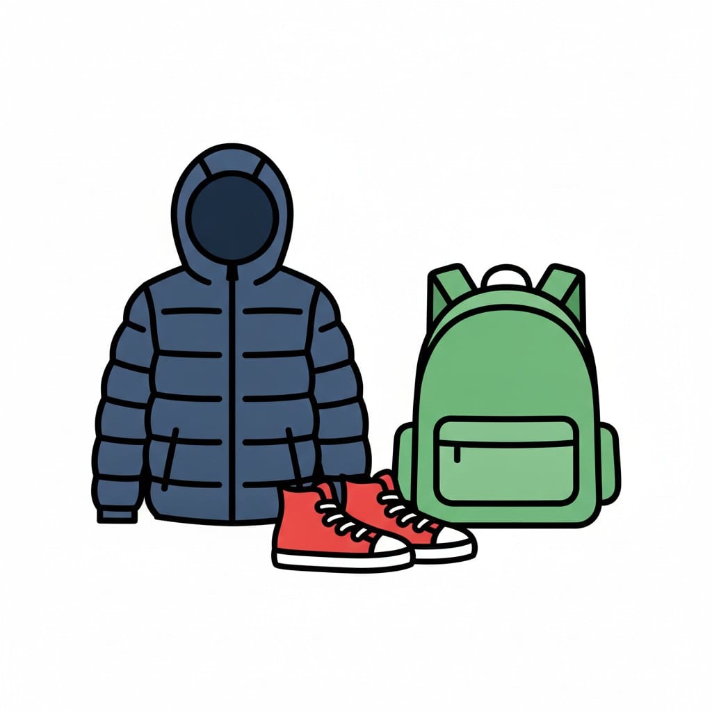 A puffer jacket, a pair of shoes and a green backpack.