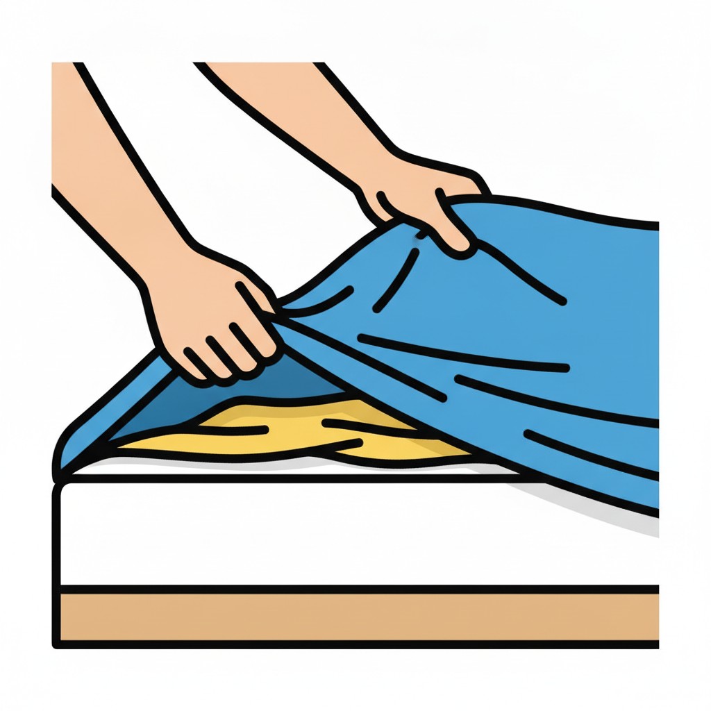 Twee handen trekken een blauw laken over de hoek van een matras.