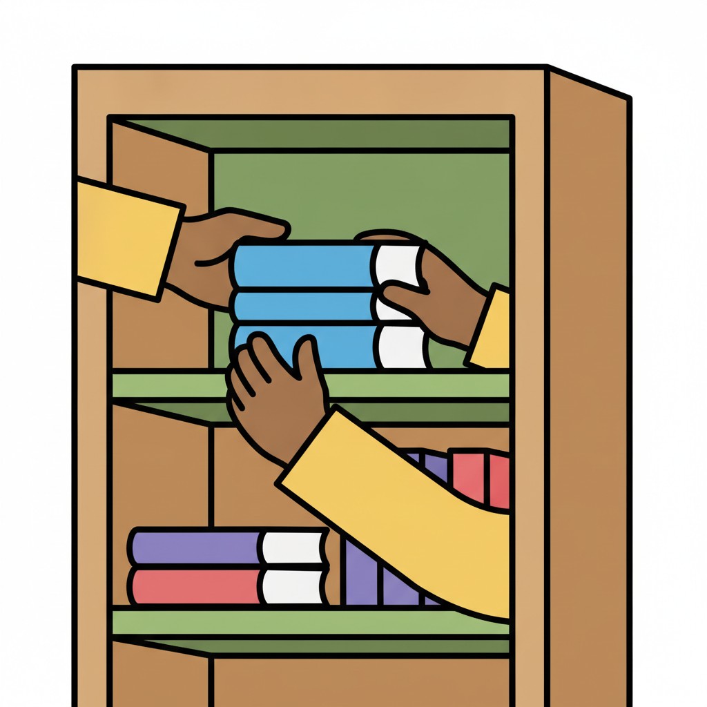 Twee handen zetten boeken in een boekenkast.