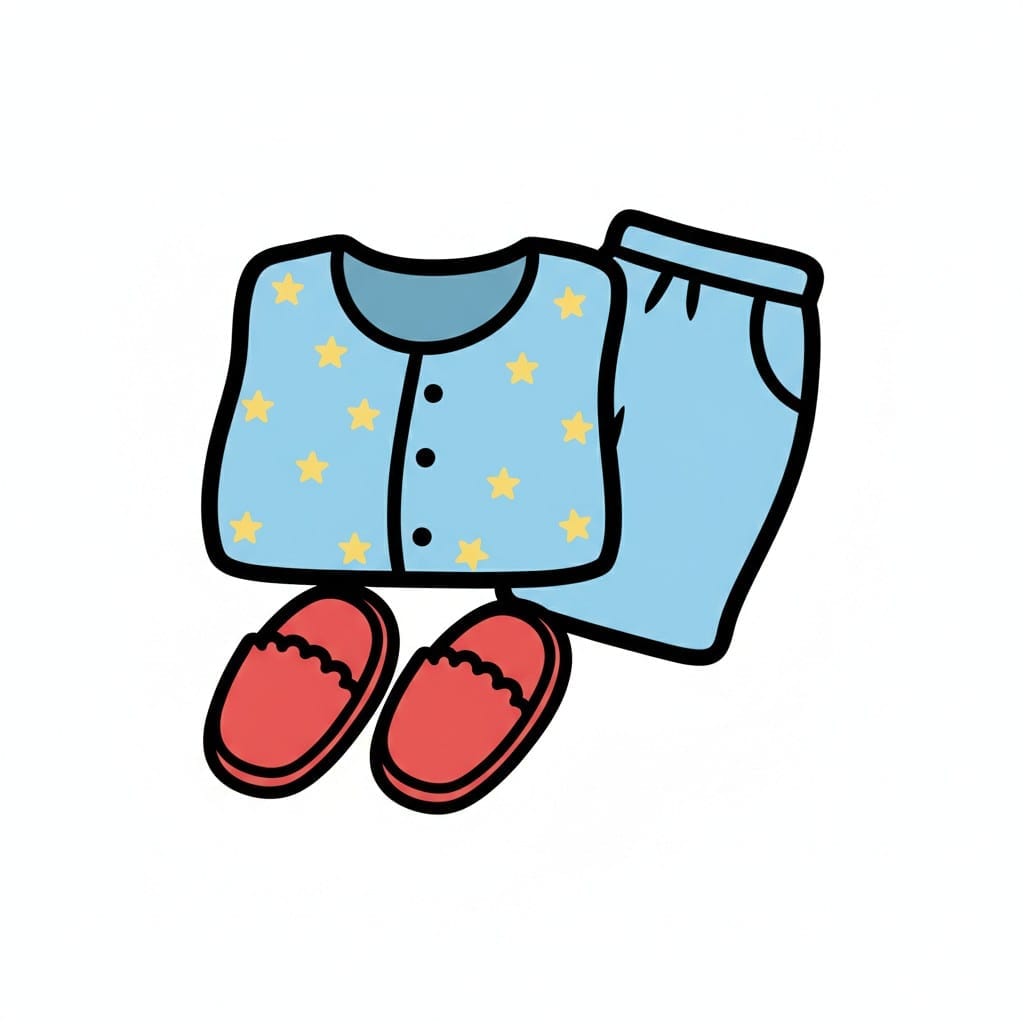 Een lichtblauwe pyjamaset met gele sterren en rode pantoffels.