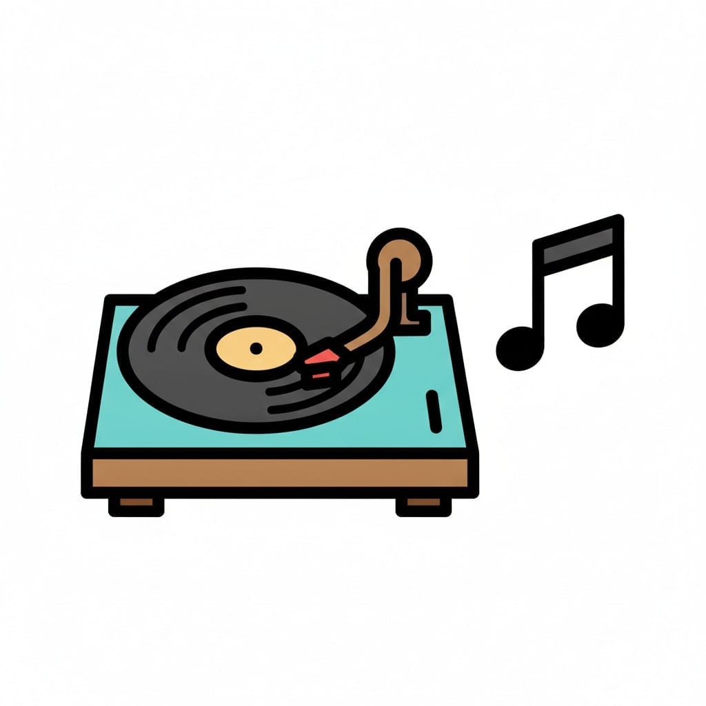 Een turquoise platenspeler met een zwarte plaat en een toonarm, met een zwarte muzieknoot ernaast.