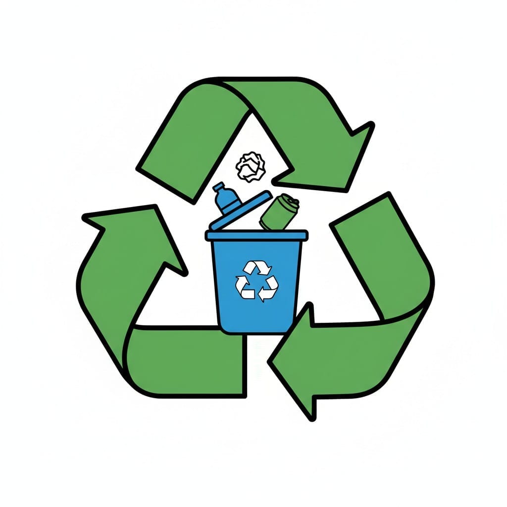Een blauwe recyclingbak met een recyclingsymbool, met een plastic fles, een blikje en verfrommeld papier erin, tegen een groot groen recyclingsymbool.