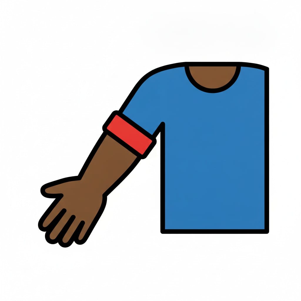 En arm i blå t-shirt med en röd armbindel runt överarmen.