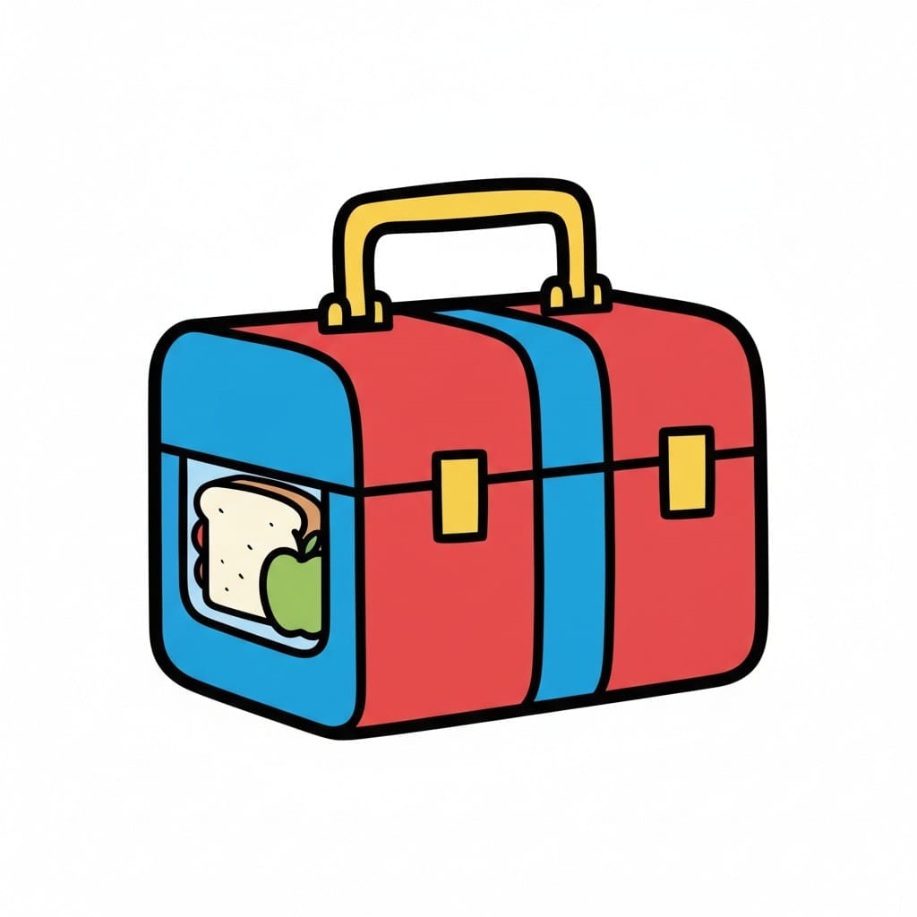 A red and blue lunchbox with a yellow handle has a window showing a sandwich and a green apple.