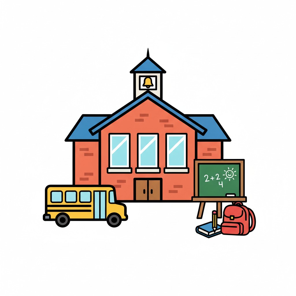 Een rood schoolgebouw met klokkentoren, een gele schoolbus, een rugzak en een schoolbord.