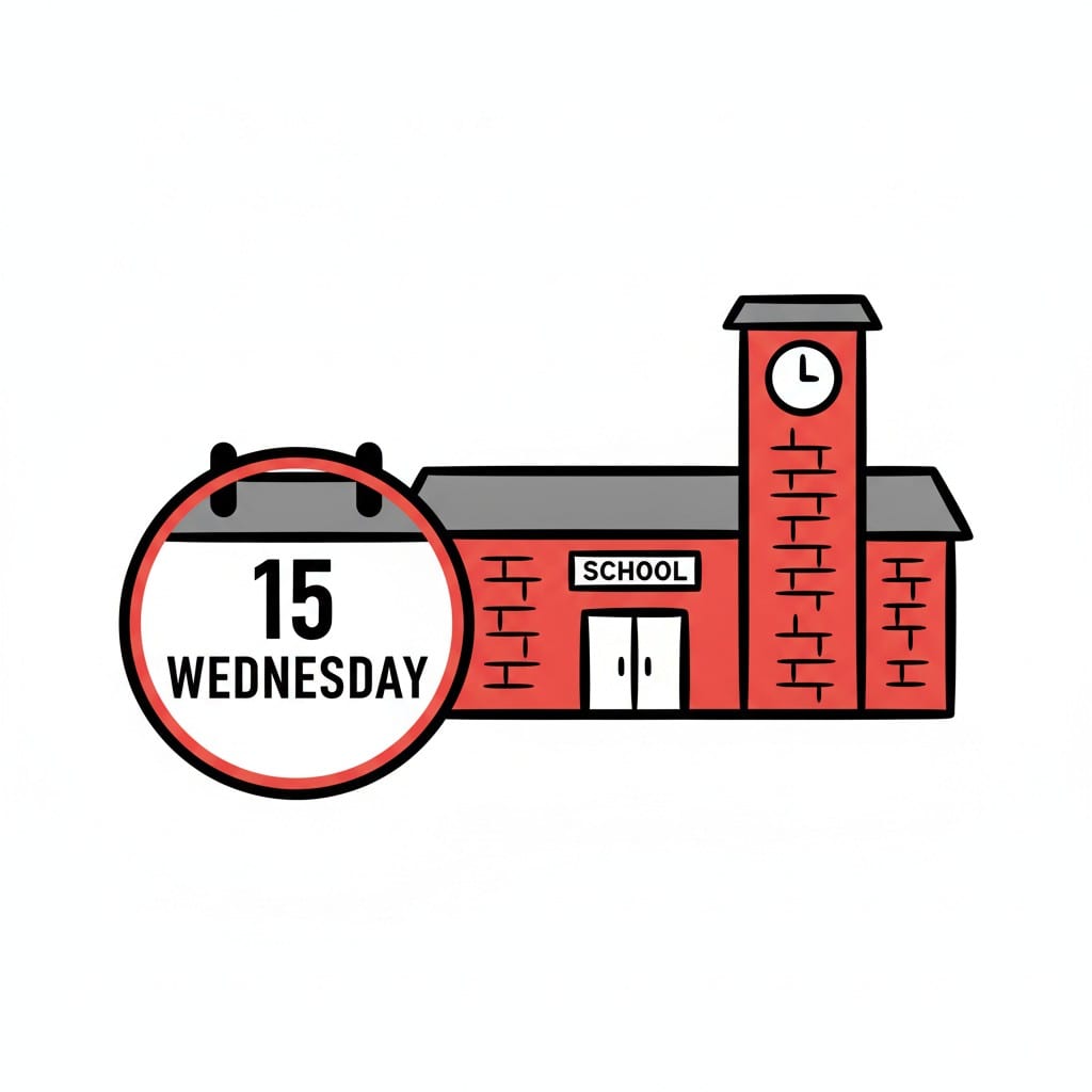Een rood schoolgebouw met een klokkentoren en een SCHOOL-bord, met een ronde kalender met 15 WEDNESDAY ervoor.