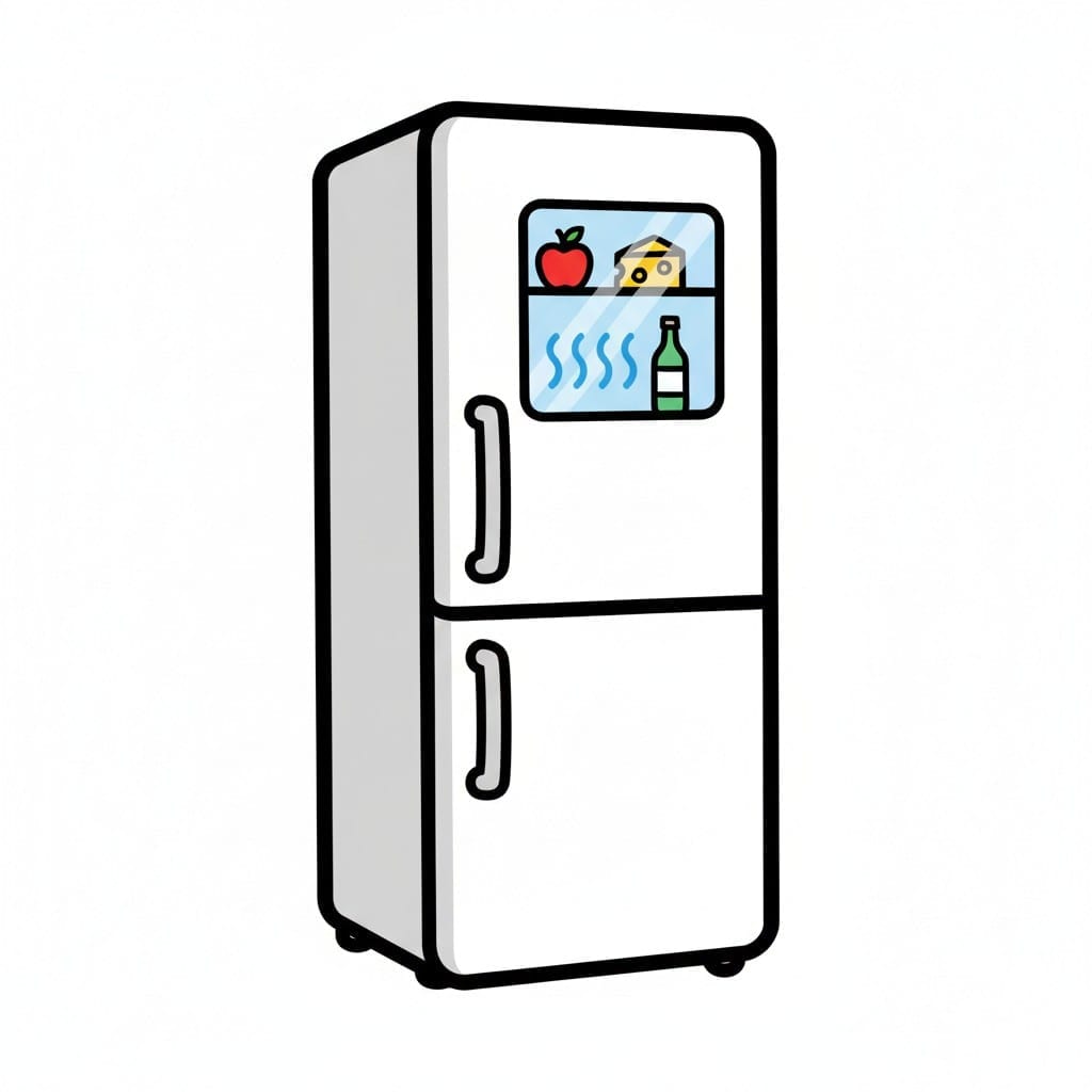 A white refrigerator with a window showing food and a bottle inside.