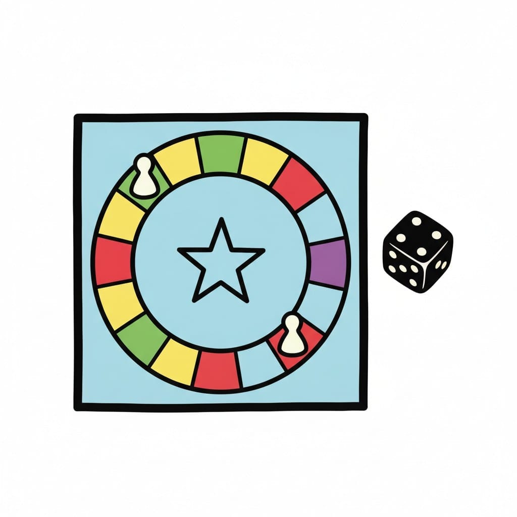 Een rond bordspel met gekleurde vakjes, pionnen en een dobbelsteen ernaast.