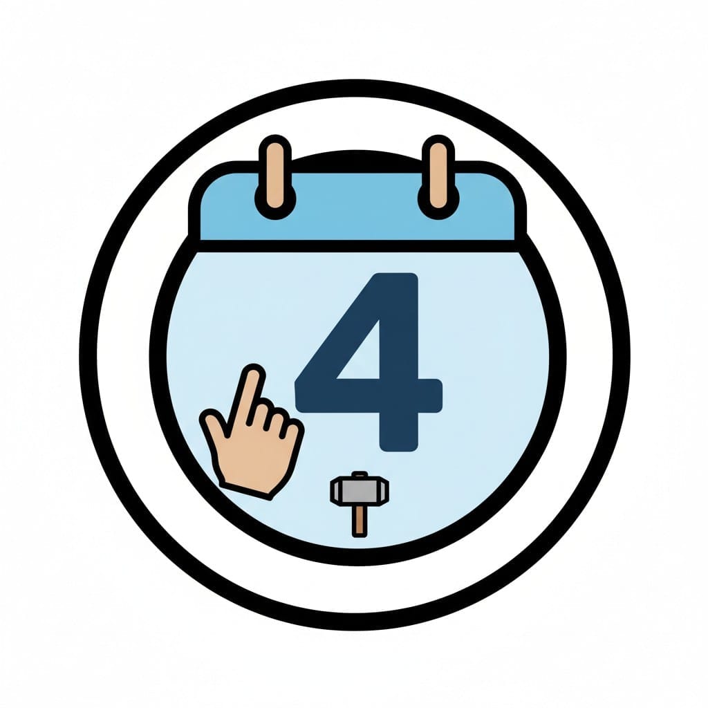 Een rond kalenderpictogram met het cijfer 4 met een wijzende hand en een hamer.