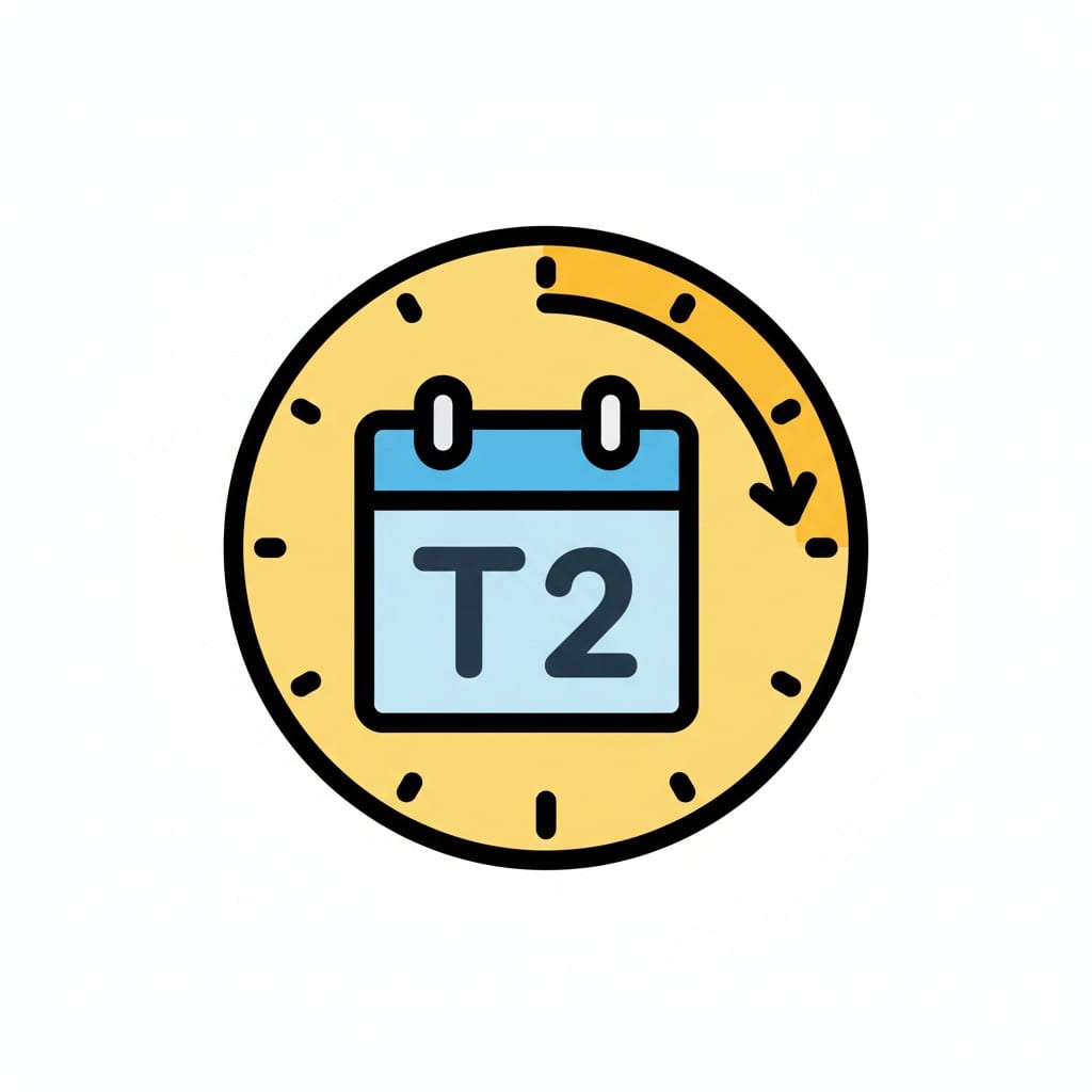 A round clock icon with a calendar showing T 2 and an arrow.