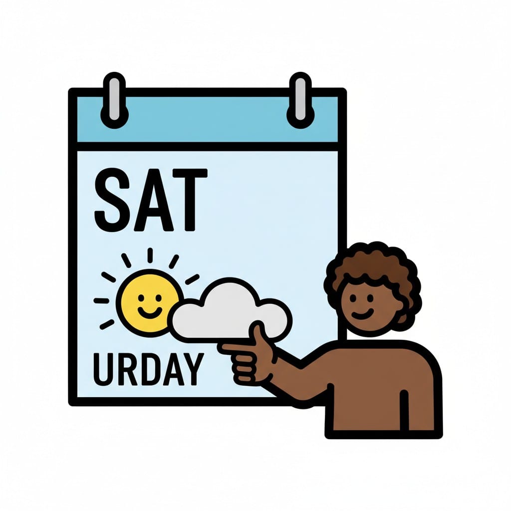 Een kalender met het woord Saturday erop en een jongen die ernaar wijst.