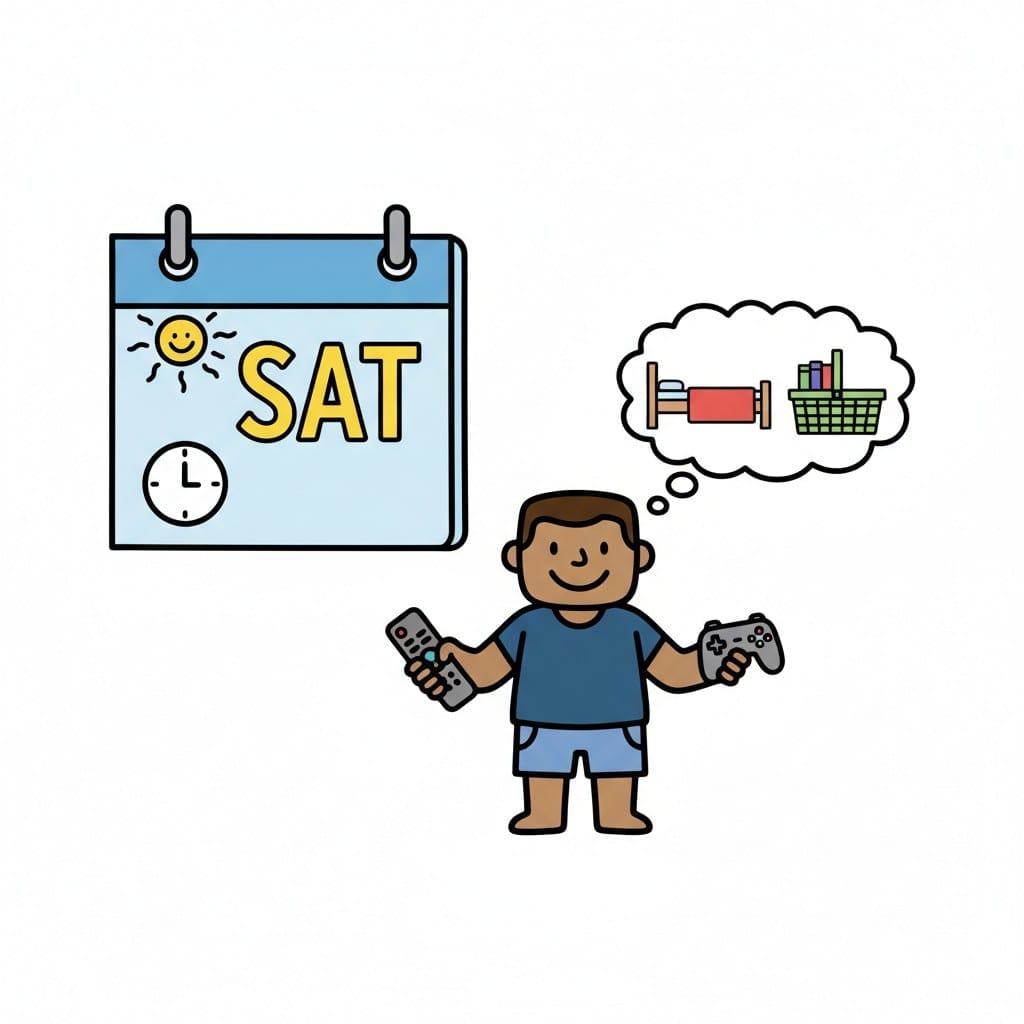 Een kalender met SAT erop en een jongen met een afstandsbediening en een spelcontroller.