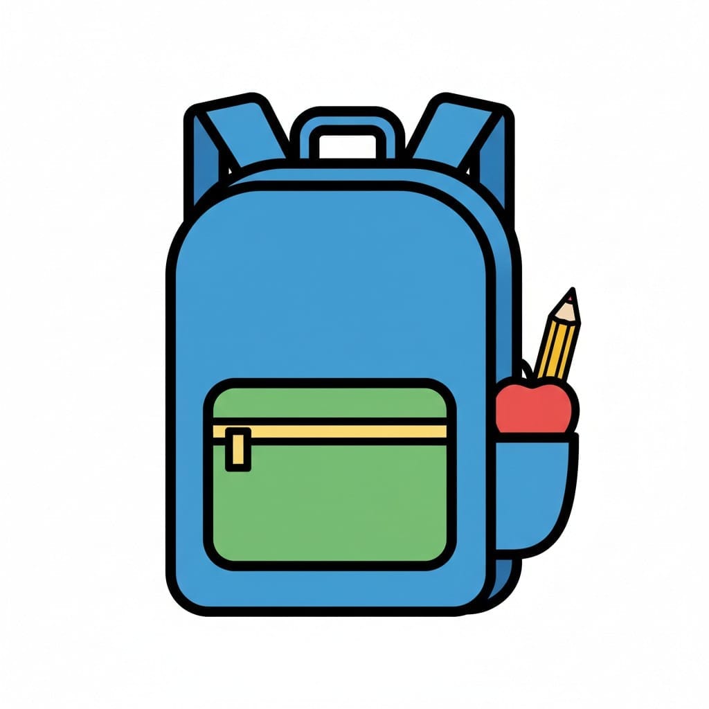 Een blauwe schooltas met een groen vak, een rode appel en een potlood aan de zijkant.