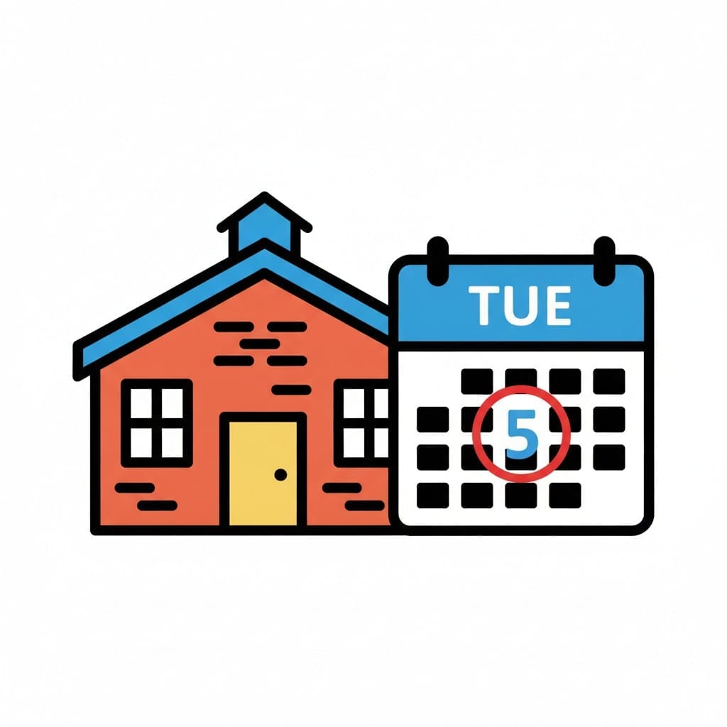 Een rode bakstenen school met een blauw dak naast een kalender met TUE en het cijfer 5 omcirkeld.